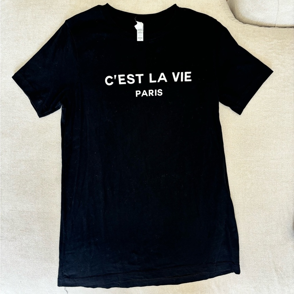 Bella Canvas Black Short Sleeve Tee with White "C'EST LA VIE PARIS" Print